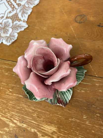 Delicately Sculptured Ceramic Rose Tapered Candle Holder