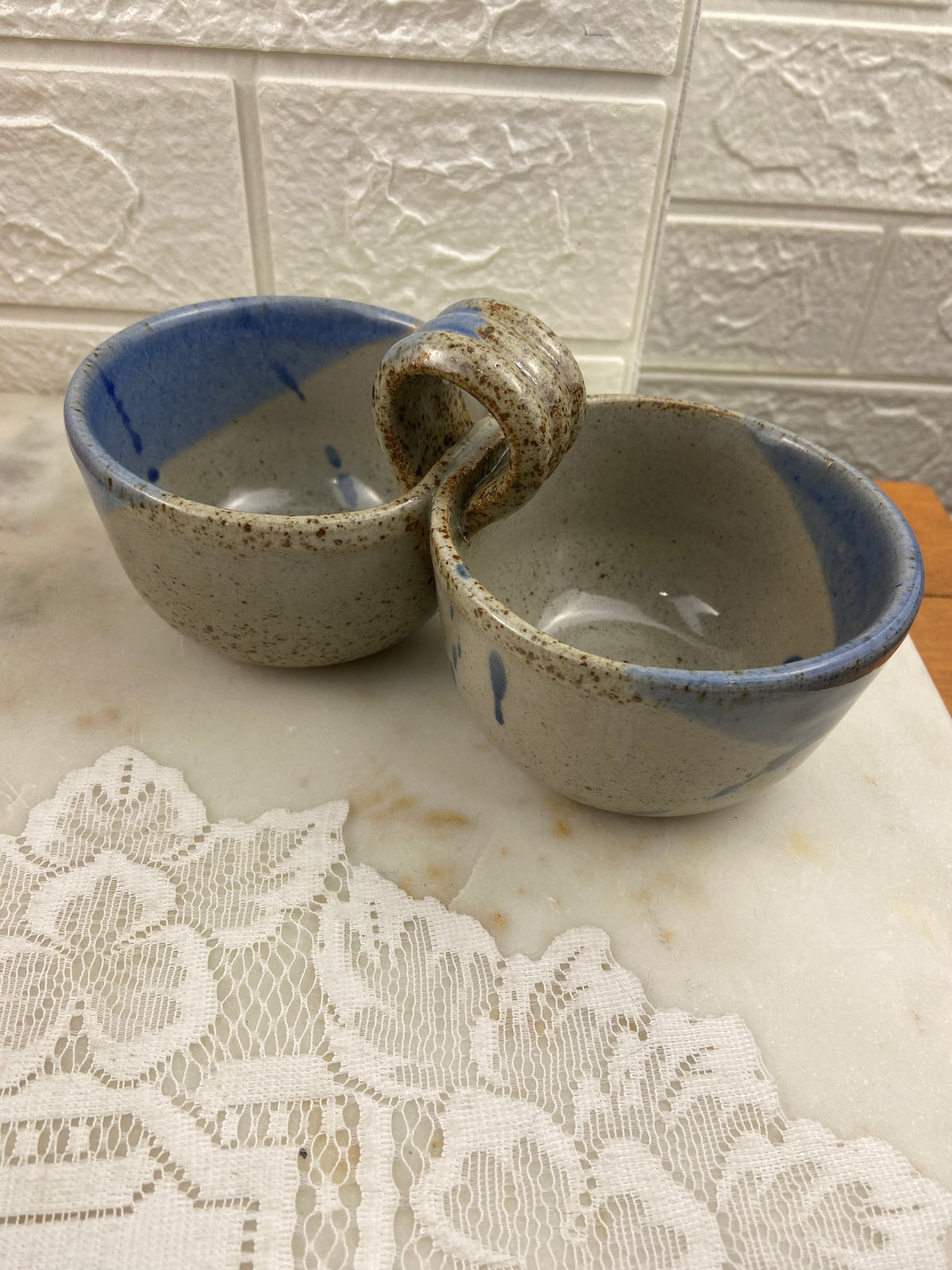 Handmade Speckled Double Condiment Dish with Loop Handle | Studio Pottery