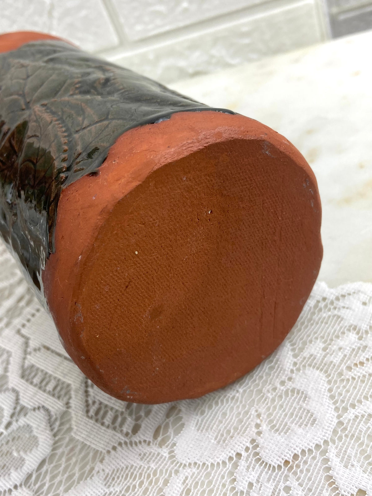 Handmade Red Clay Cylinder Vase with Glazed Textured Leaf Pattern