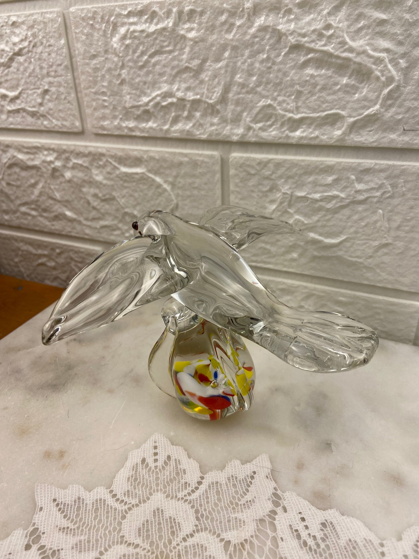 Handmade Glass Bird Figurine or Paperweight with Red & Yellow Swirls