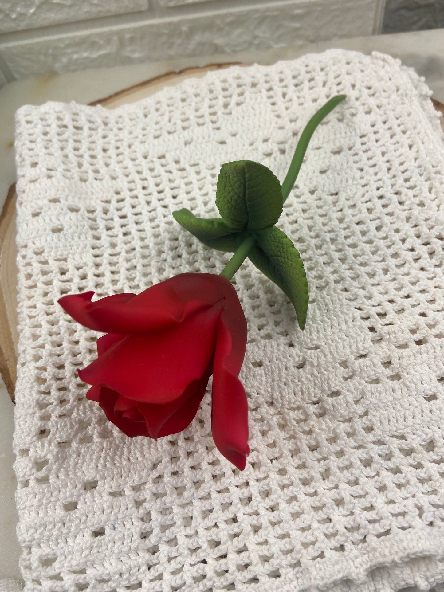 Red Bisque Porcelain Rose with Long Green Stem | Andrea by Sadak
