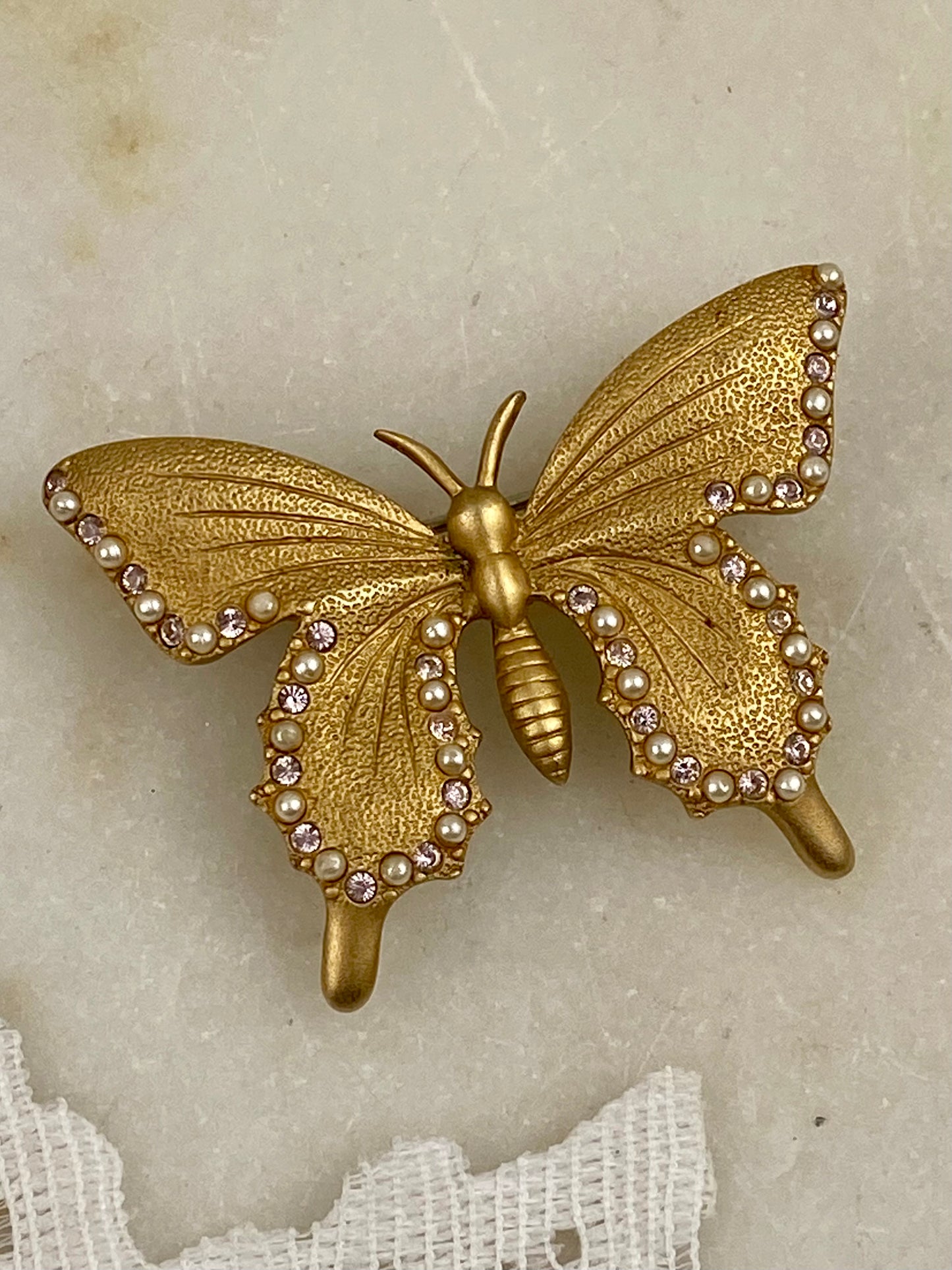 Gold-Tone Jewel Encrusted Butterfly Brooch with Lavender Rhinestones and Seed Pearls by Butler