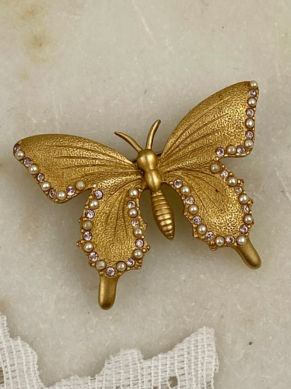 Gold-Tone Jewel Encrusted Butterfly Brooch with Lavender Rhinestones and Seed Pearls by Butler