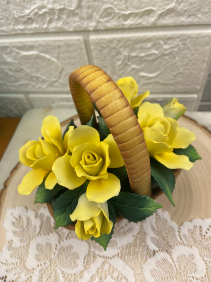 Hand Painted Bisque Porcelain Basket of Yellow Roses and Rosebuds