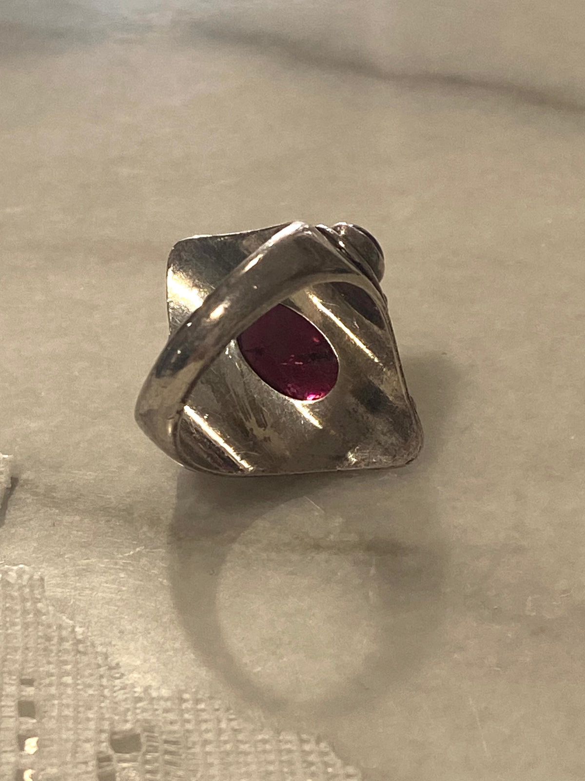 Sterling Silver Bohemian Ring with Rope Twist Detail | Clear Pinkish- Red Cabochon