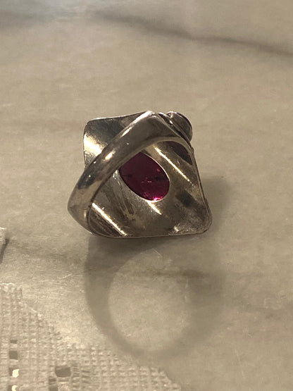 Sterling Silver Bohemian Ring with Rope Twist Detail | Clear Pinkish- Red Cabochon