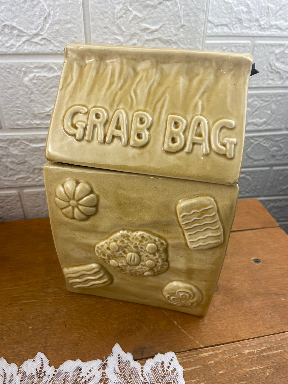 Ceramic Grab Bag Cookie Jar with Leather Strap