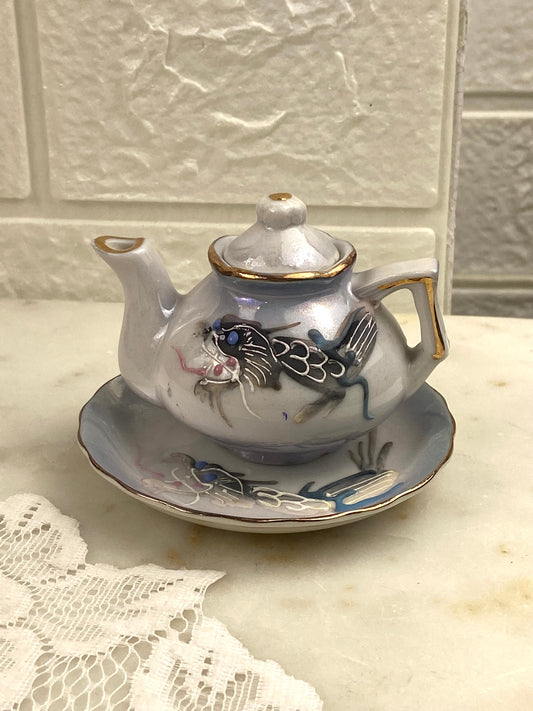 Hand Painted Porcelain Mini Teapot with Matching Plate | Textured Dragon with Irridescent Glaze