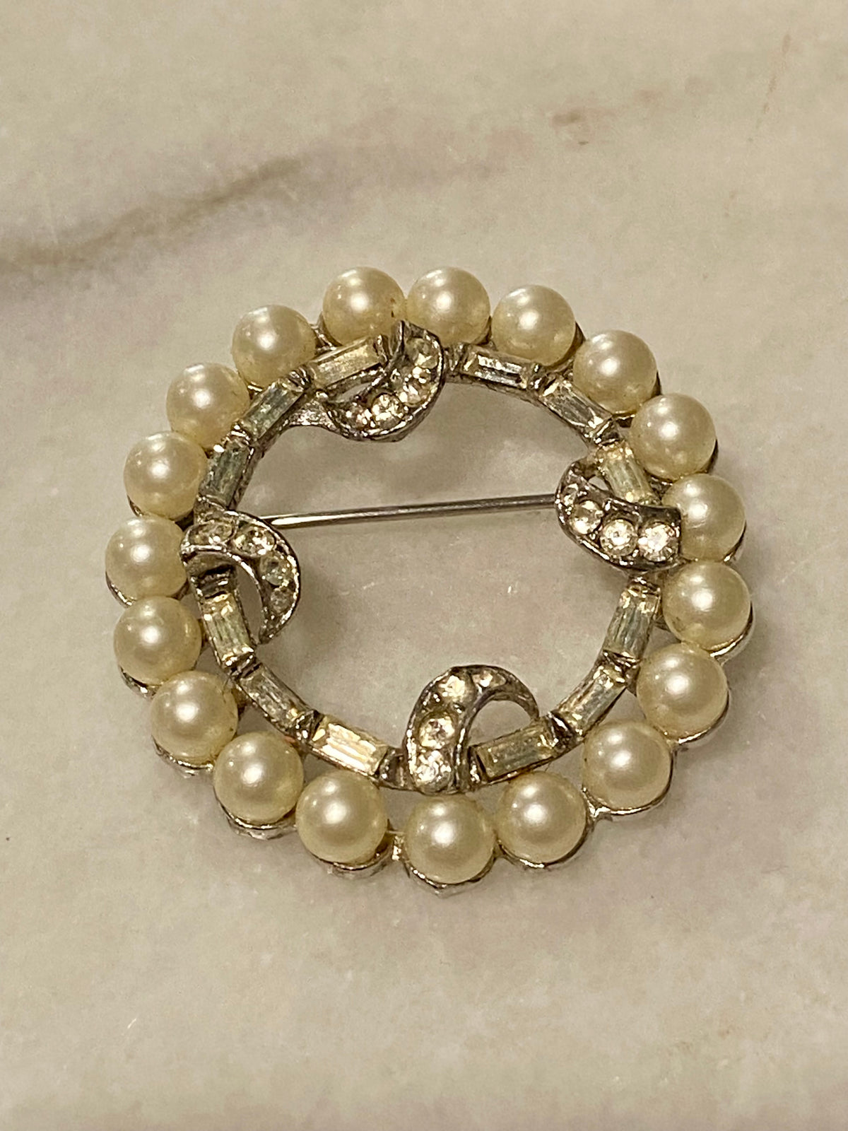 Faux Pearl Wreath Brooch with Rhinestones by Marvella