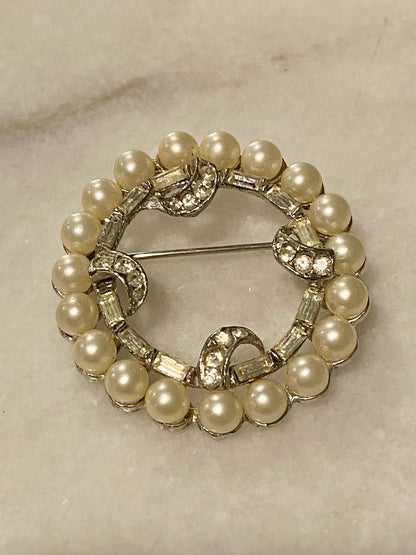 Faux Pearl Wreath Brooch with Rhinestones by Marvella