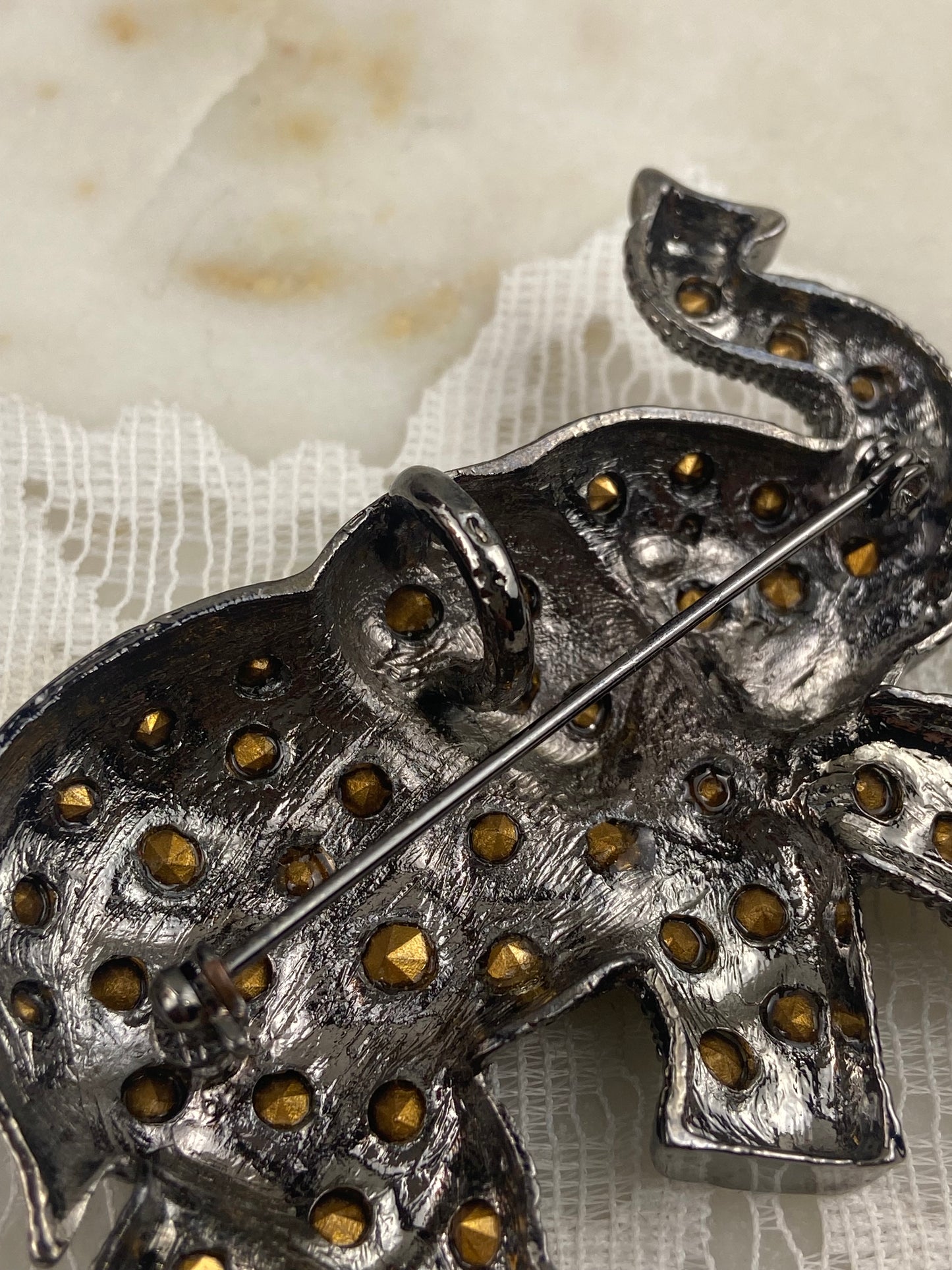 Black Metal Elephant Brooch / Pendant with Rinestones