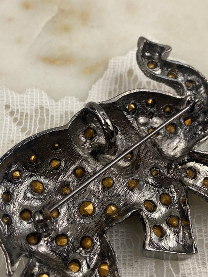 Black Metal Elephant Brooch / Pendant with Rinestones