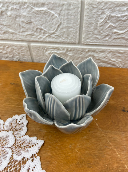 Ceramic Lotus-Shaped Candle Votive with Small Candle