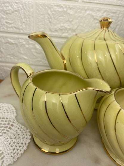 Sadler Yellow Rippled Teapot with Open Sugar Bowl and Creamer Set
