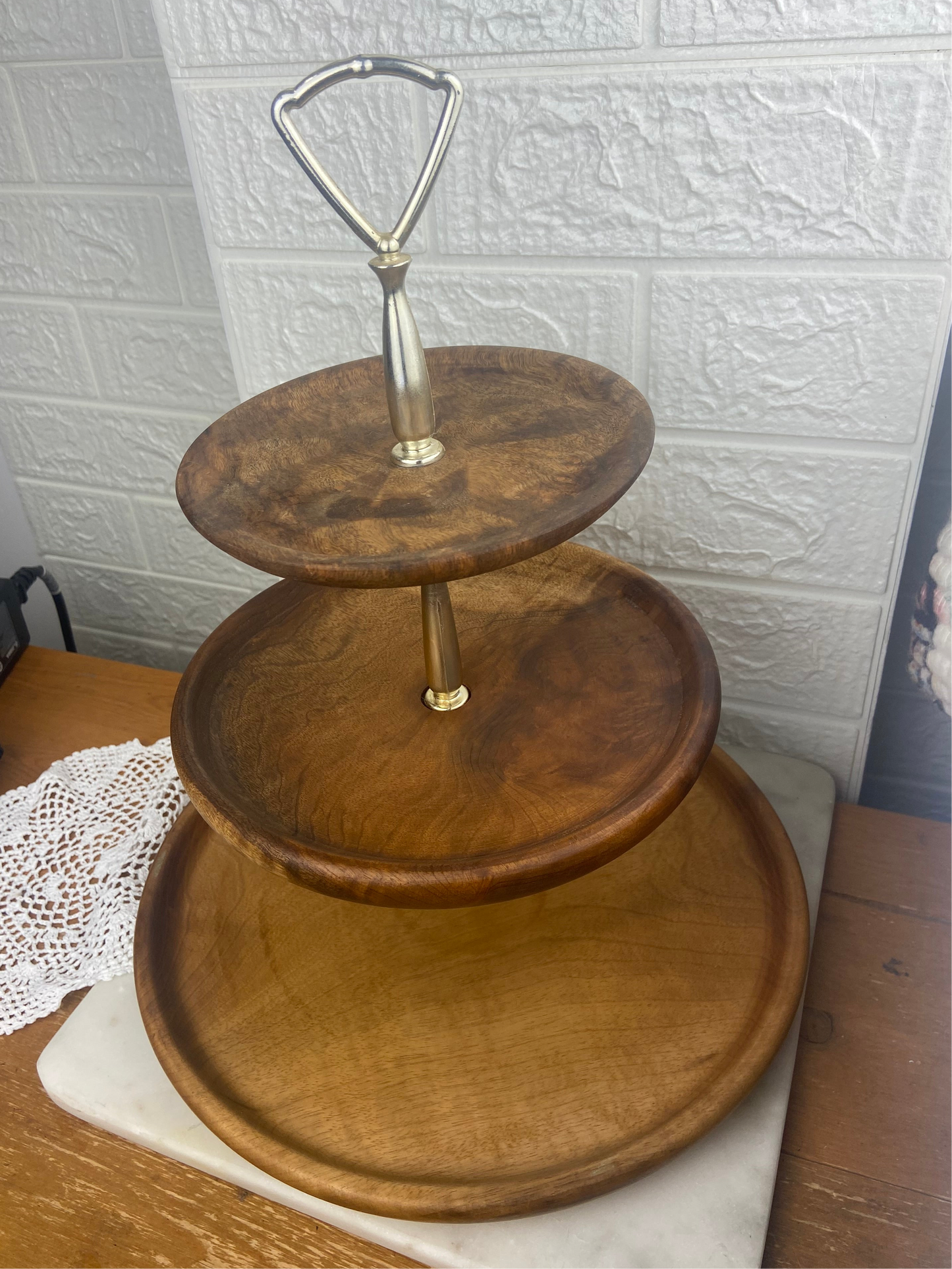 Tiered Wooden Serving Stand with Metal Handle