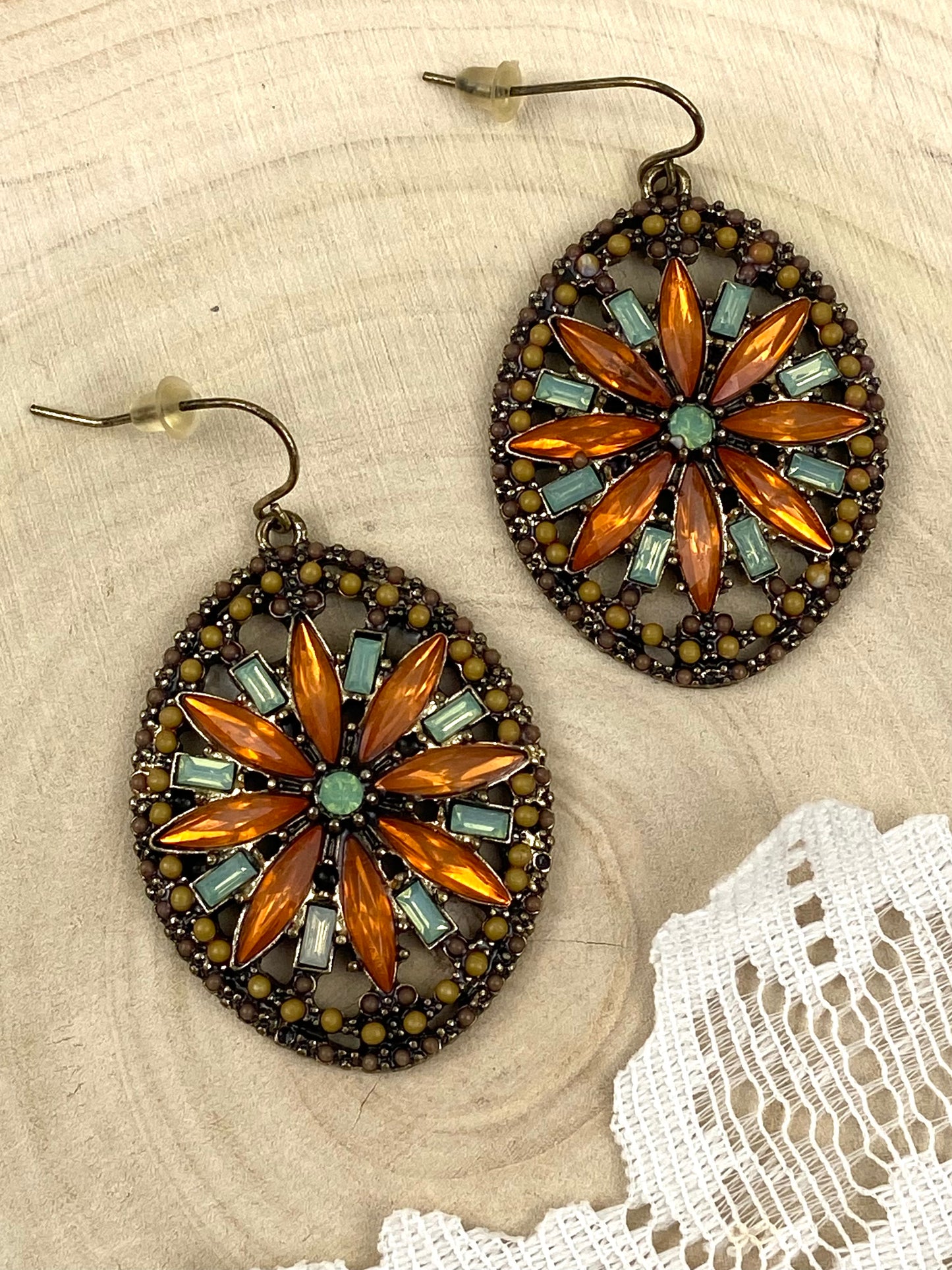 Large Beaded Oval Earrings with Faceted Turquoise & Amber Stones by Iron Orchid Studio [Hooks]