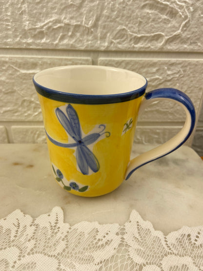 Hand Painted April Cornell Coffee Mug | Yellow and Blue with Dragonfly