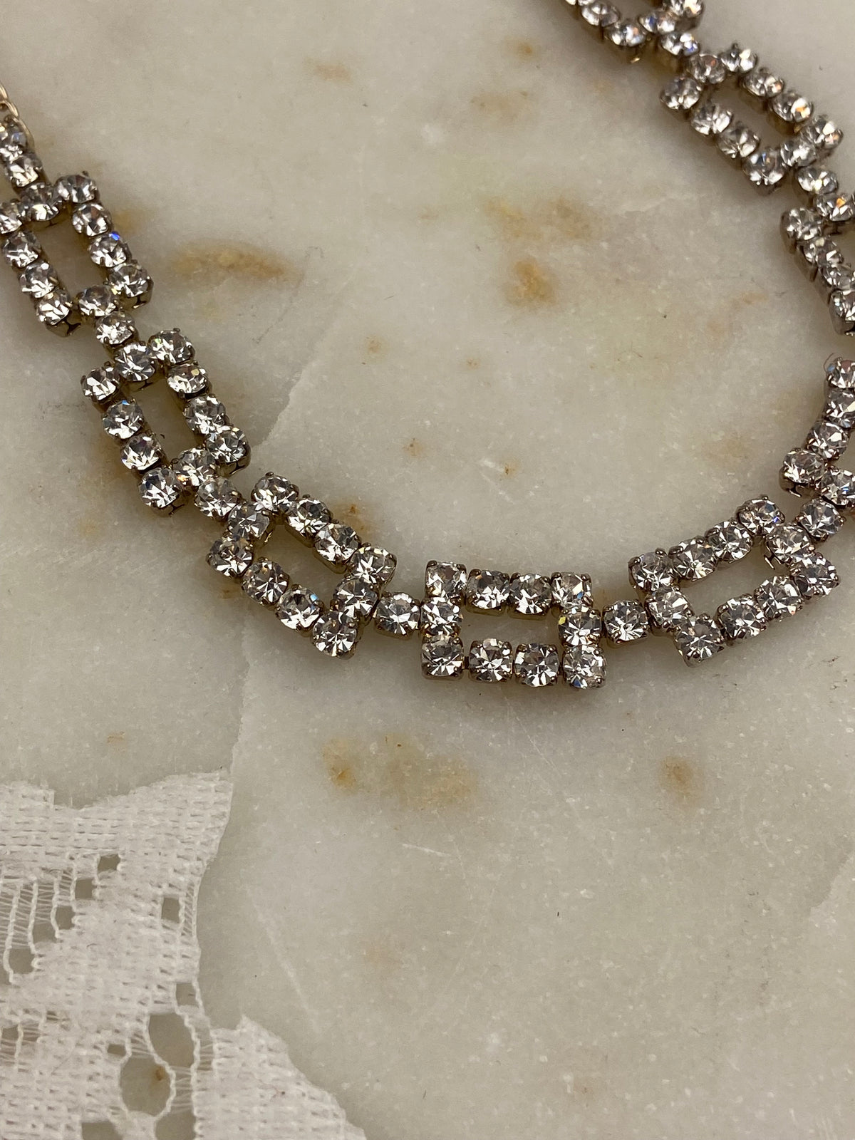 Gold-Tone Geometric Rhinestone Necklace with Linked Rectangles | 18”
