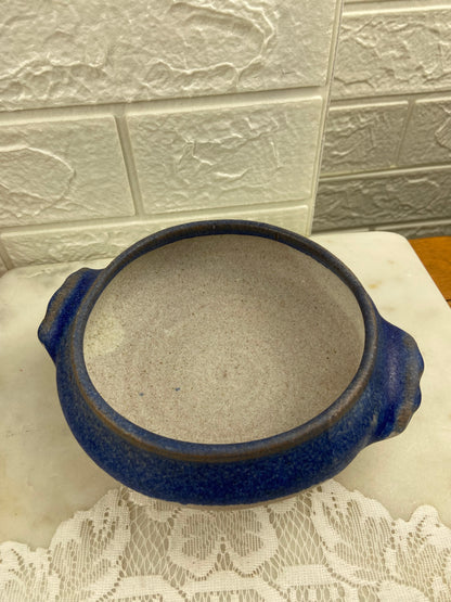 Handcrafted Speckled Pottery Bowl with Blue Rim and Double Handles