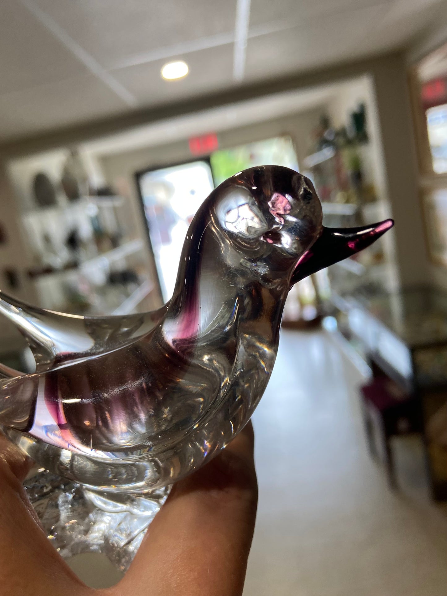 Art Glass | Burgundy and Clear Hand Made Glass Bird on a Branch Figurine or Paperweight