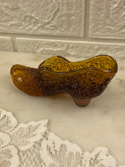 Dark Amber Glass Slipper with Button & Daisy Pattern | Match Strike Heel