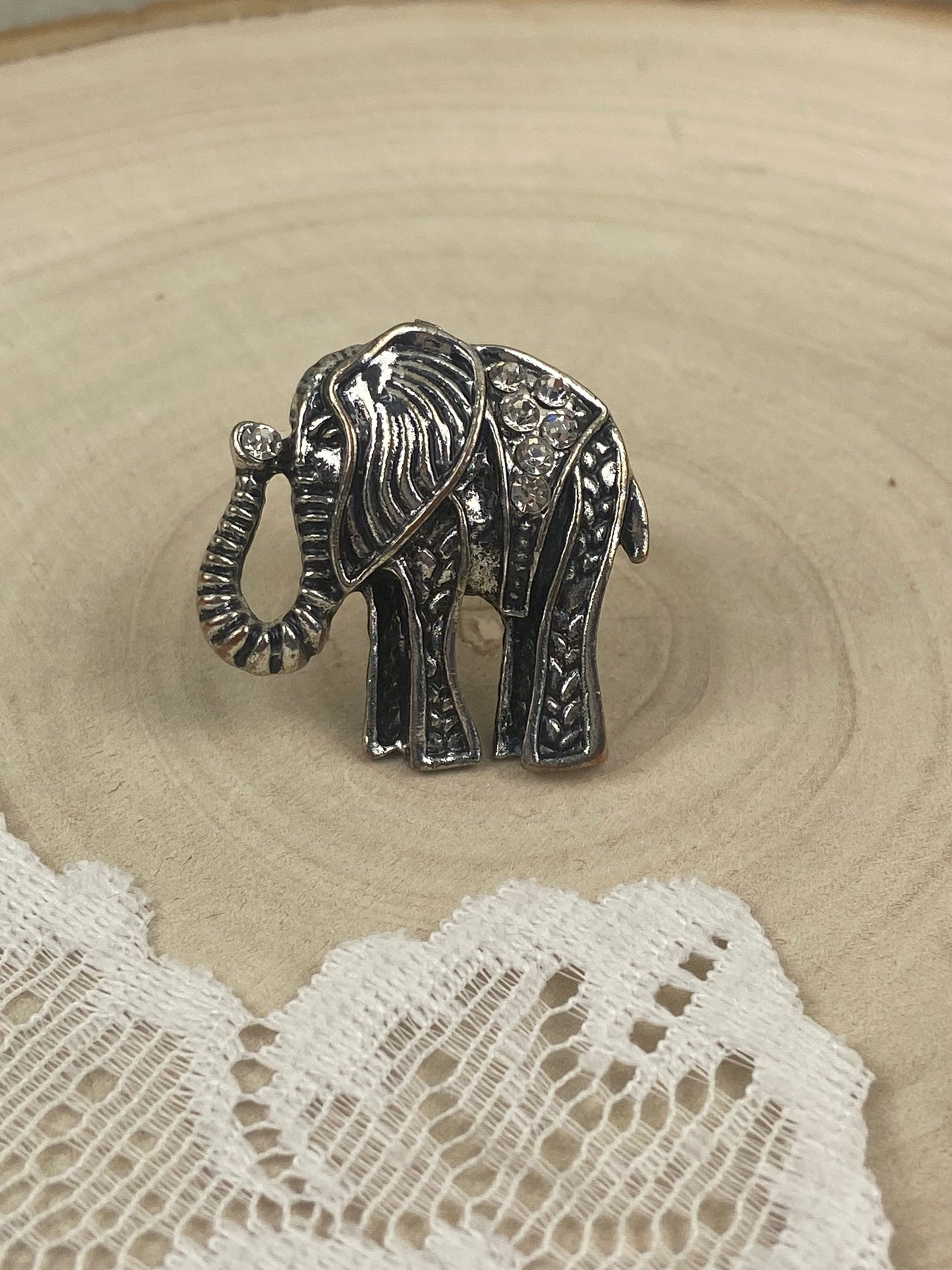 Adjustable Metal Elephant Ring with Rhinestones [Size 8+/-]