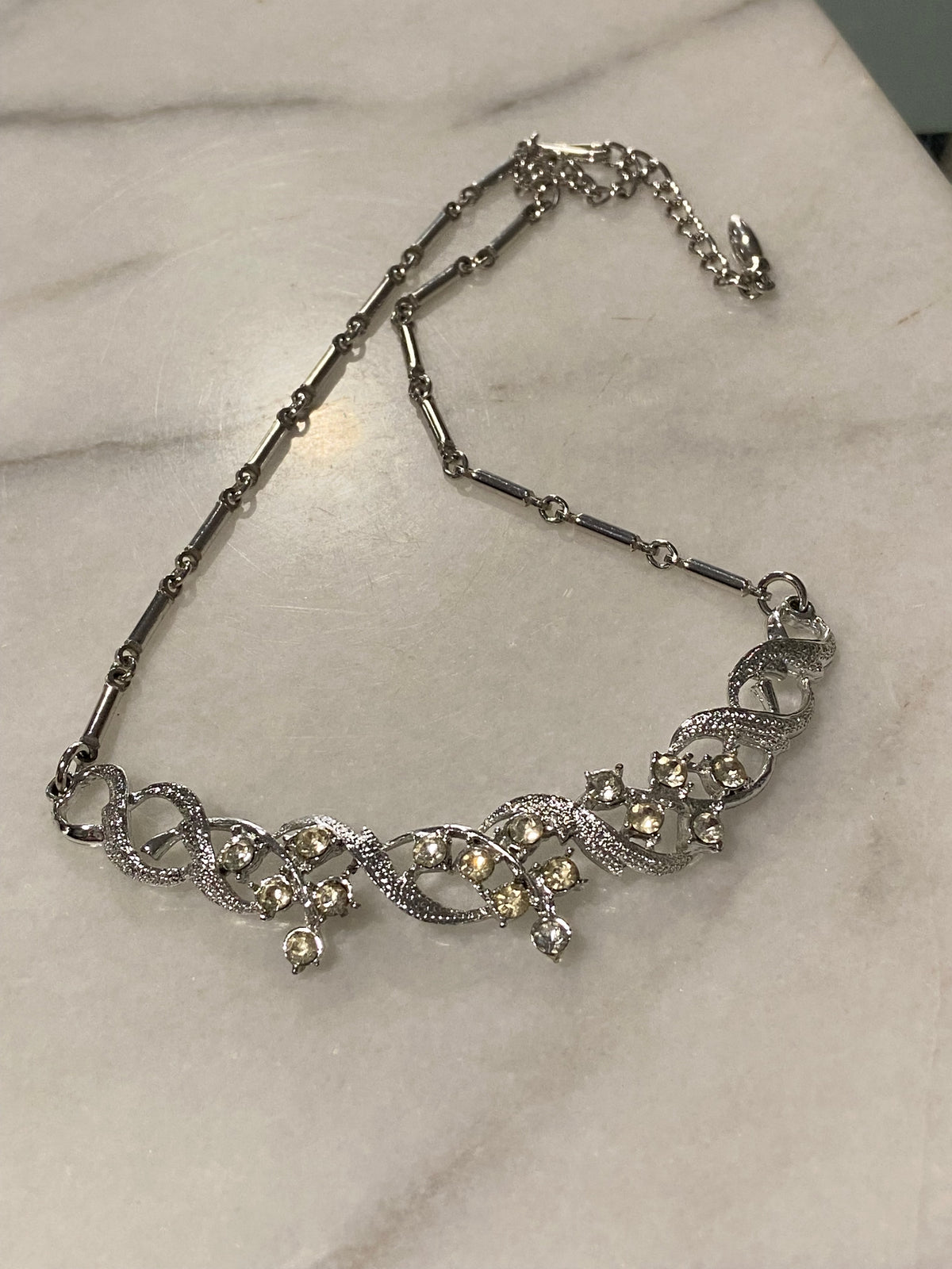 Silver-Tone Art Deco Collar Necklace with Rhinestones | 16”