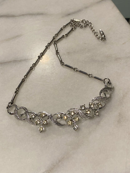 Silver-Tone Art Deco Collar Necklace with Rhinestones | 16”