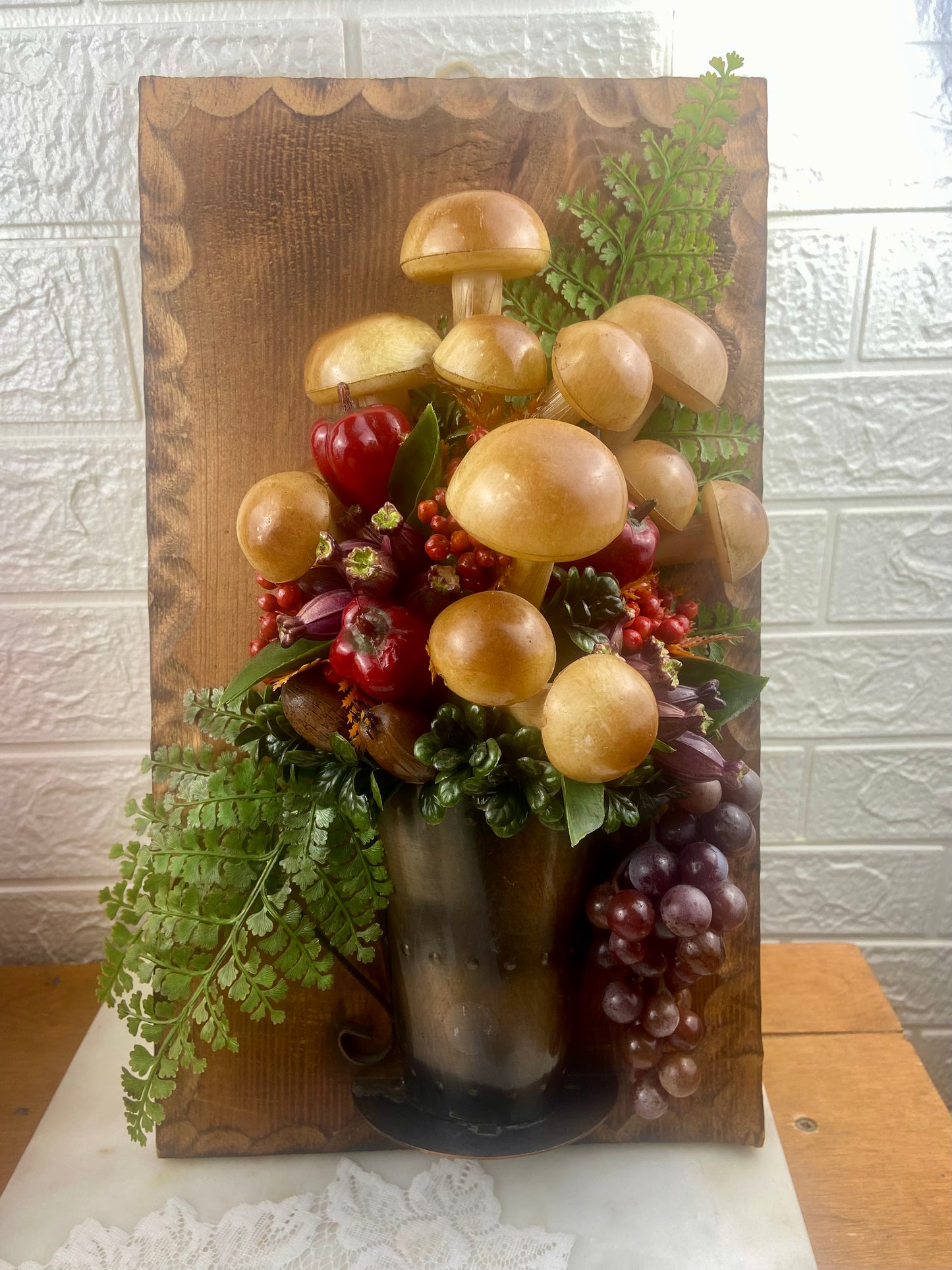 Kim Originals | 3D Realistic Plastic Mushroom & Veggie Wall Plaque with Wooden Backing & Metal Planter #1