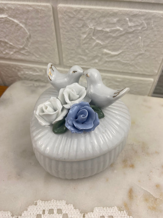 Ceramic Heart-Shaped Trinket Box with Kissing Love Birds and Sculpted White and Blue Roses