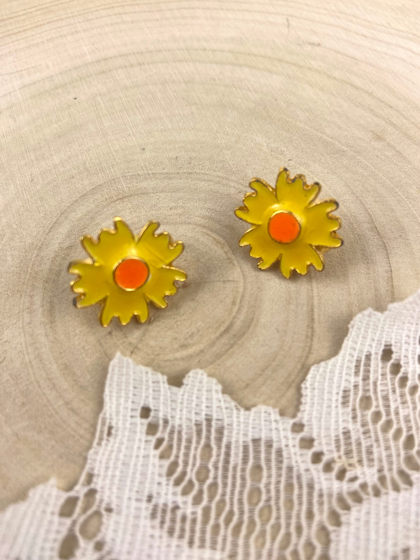Yellow Enamel Daisy Earrings [Clip-On]
