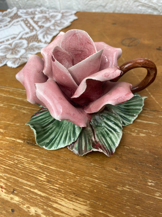 Delicately Sculptured Ceramic Rose Tapered Candle Holder