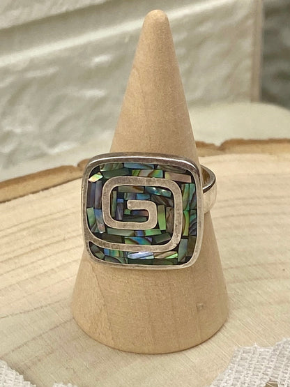 925 Sterling Silver Ring with Square Spiral | Inlaid with Mosaic Abalone Shell