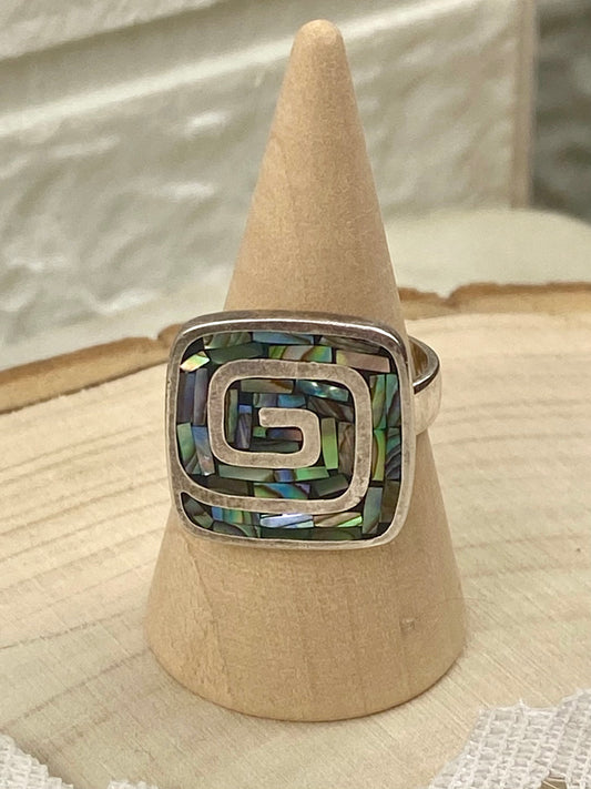 925 Sterling Silver Ring with Square Spiral | Inlaid with Mosaic Abalone Shell