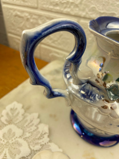 Hand Painted Blue & Cream Ceramic Teapot with 3D Flowers