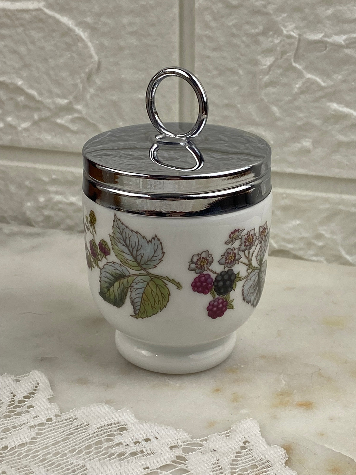 Porcelain Egg Coddler with Leaf and Blackberries Design | Screw Top Lid