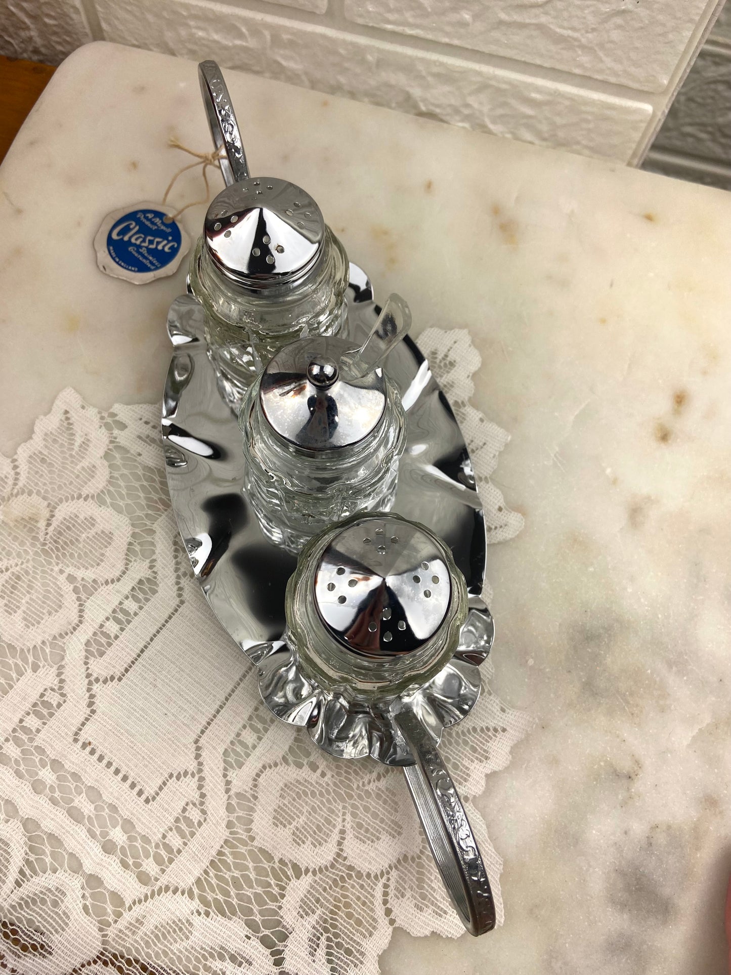 Vintage Mayell Glass Condiment and Salt & Pepper Set with Stainless Embossed Tray