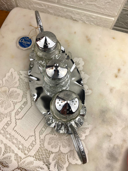 Vintage Mayell Glass Condiment and Salt & Pepper Set with Stainless Embossed Tray