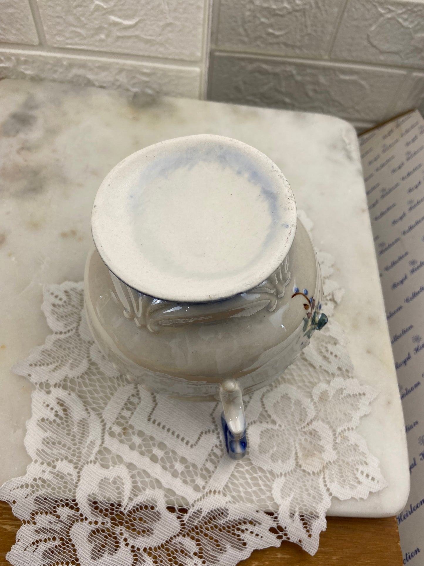 Hand Painted Blue & Cream Ceramic Sugar Bowl with Double Handles & 3D Flowers