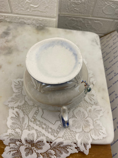 Hand Painted Blue & Cream Ceramic Sugar Bowl with Double Handles & 3D Flowers