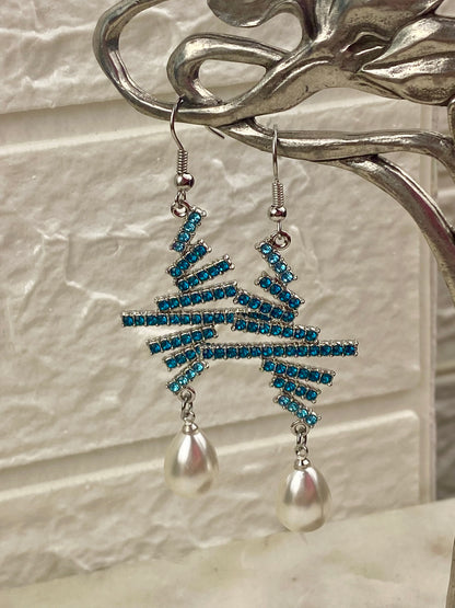 Timeless Tapestry Sparkling [Hooks] Silver-Tone Dangle Earrings with Sea Blue Rhinestones