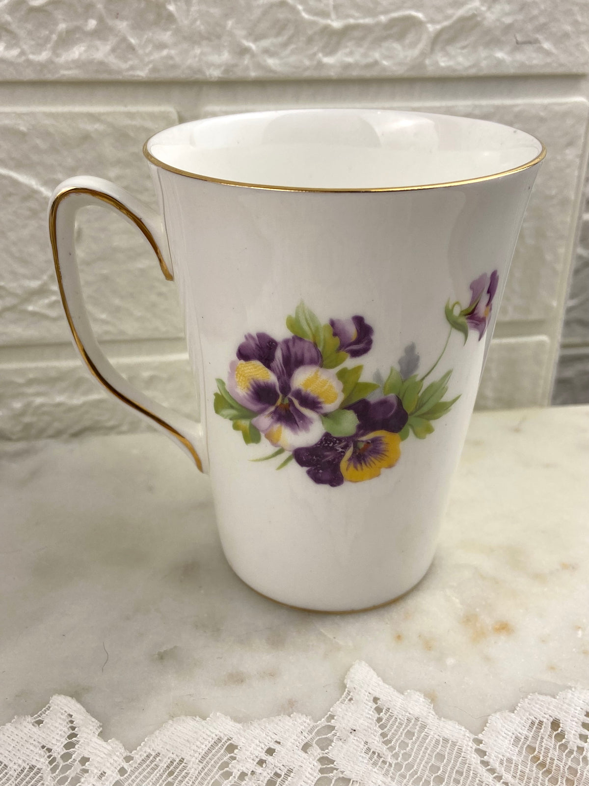 Commemorative Bone Porcelain Coffee Mug for O.O.R.P. | Purple and Yellow Pansies Pattern