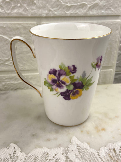 Commemorative Bone Porcelain Coffee Mug for O.O.R.P. | Purple and Yellow Pansies Pattern