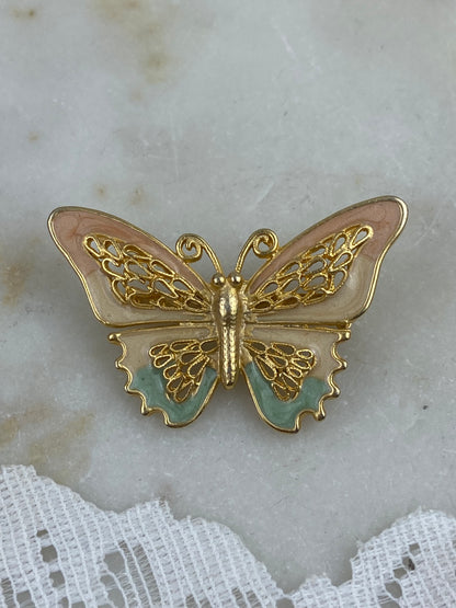 Pink, Cream and Blue Enamel Butterfly Brooch with Brushed Gold-Tone Filagree