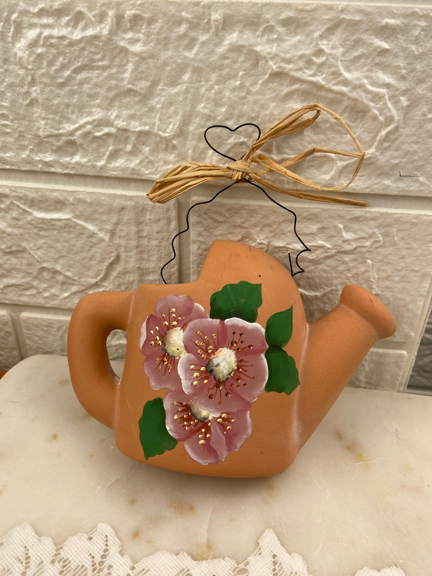 Small Hand Painted Terracotta Watering Can-Shaped Wall Pocket