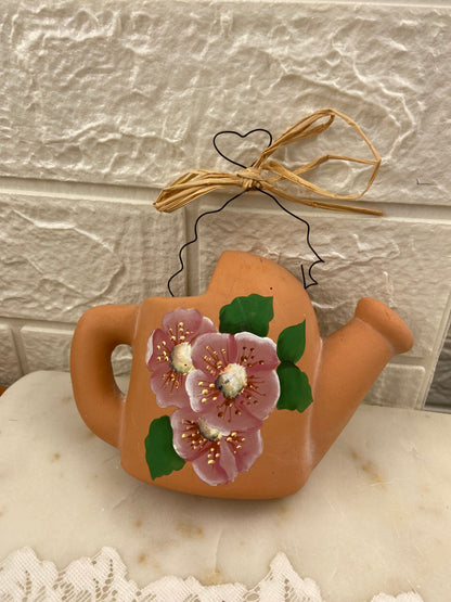Small Hand Painted Terracotta Watering Can-Shaped Wall Pocket