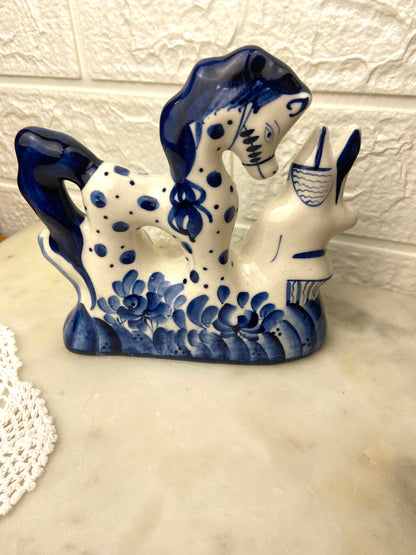 Russian Gzhel Style Pottery; Horse and Soldier Figurine