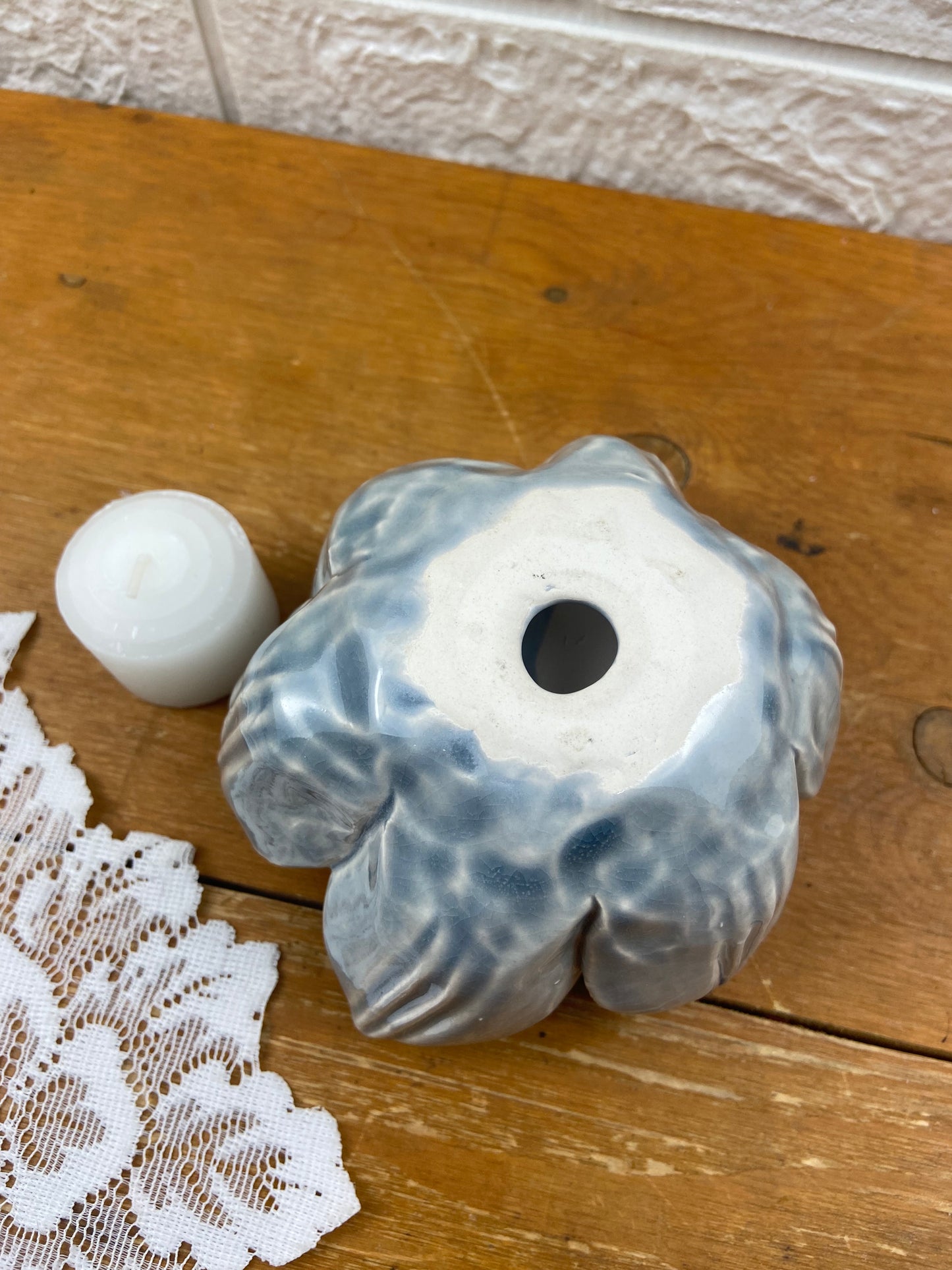 Ceramic Lotus-Shaped Candle Votive with Small Candle