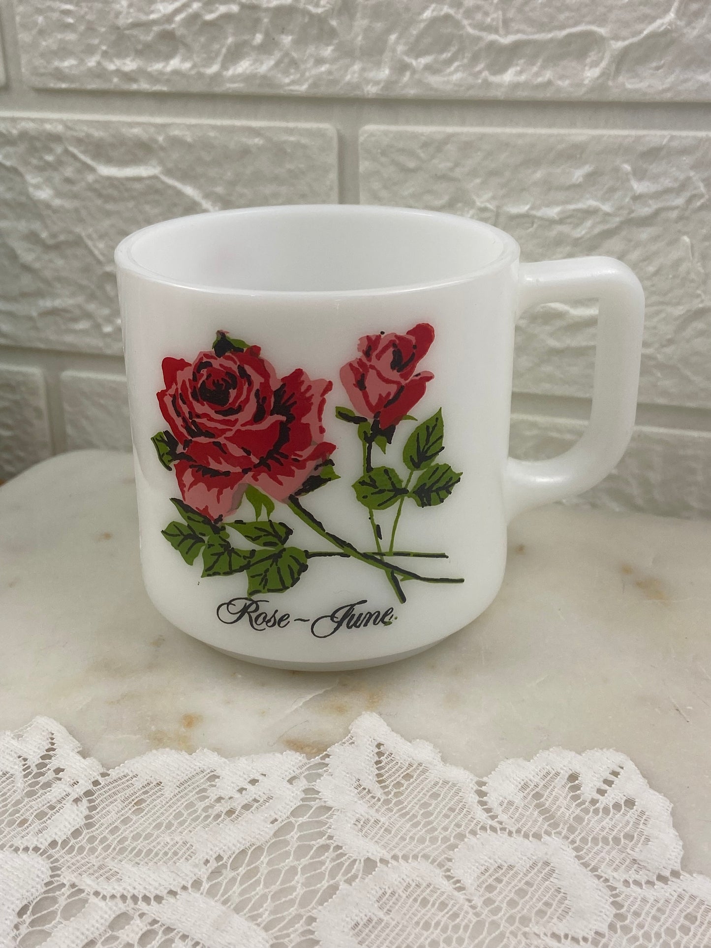 Vintage Brockway Glass Milk Glass Coffee Mug | Flower of the Month Collection [Roses ~ June]