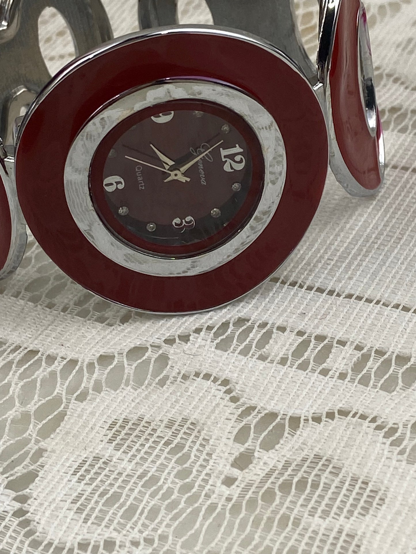 Red Geneva Quartz Bracelet Watch with Hinge Opening